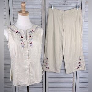 JAY DAY- Vintage Linen Blend Capris/Tank Top Set Embroidered Beige-Medium